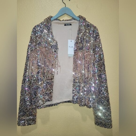 Miss me Sequin crop fringejaket rosegold size L - Picture 5 of 13